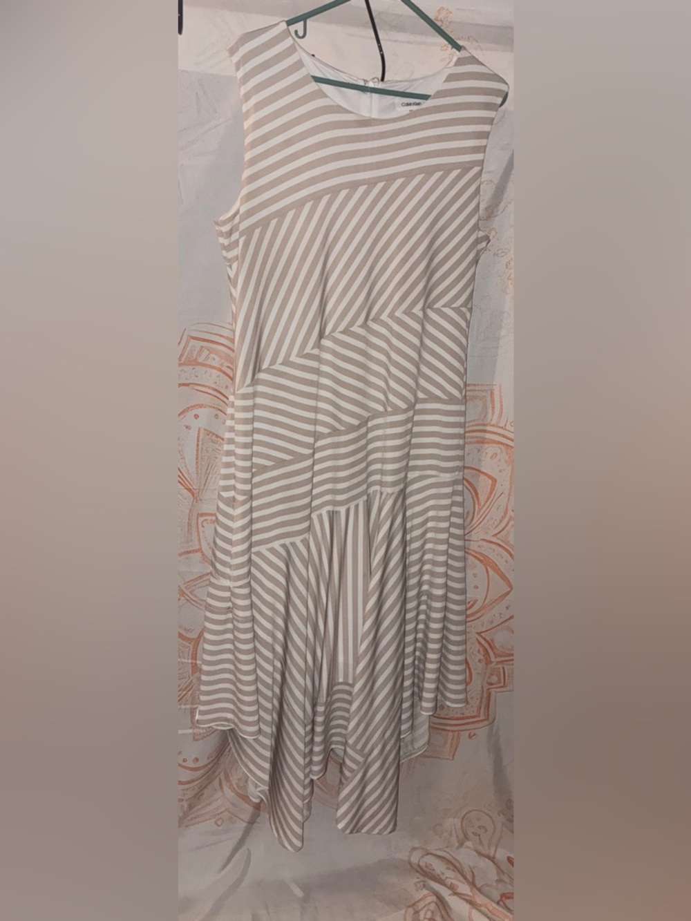 Calvin Klein Beige and White Striped Tiered Maxi Dress